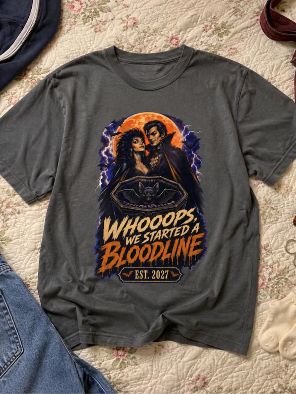 Comfort Colors Vampire Couple Graphic Tee, Retro Whooops We Started A Bloodline